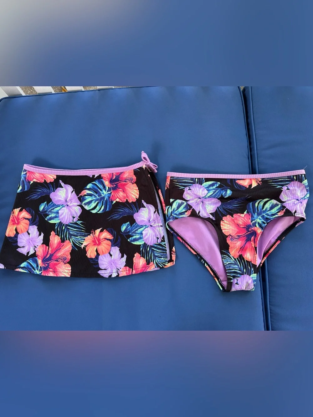 Justice Tropical Floral Two-Piece Swim Set - Purple & Coral Hibiscus Size 10